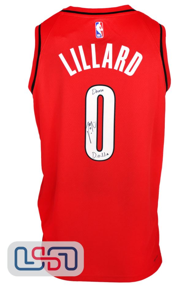 Damian Lillard - Portland Trailblazers Red Nike Swingman Jersey inscribed "Dame Dolla"