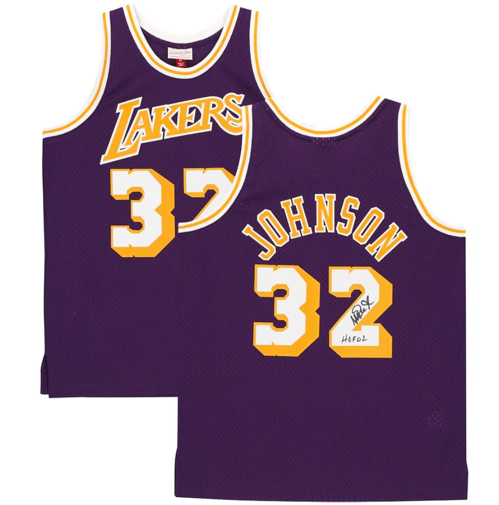 Magic Johnson - Los Angeles Lakers Purple M&N Swingman Jersey inscribed "HOF 02"