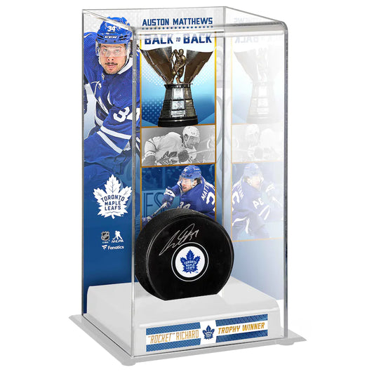 Auston Matthews - Toronto Maple Leafs Autographed Back-to-Back "Rocket" Richard Trophy Winner Deluxe Tall Hockey Puck Display Case with Puck