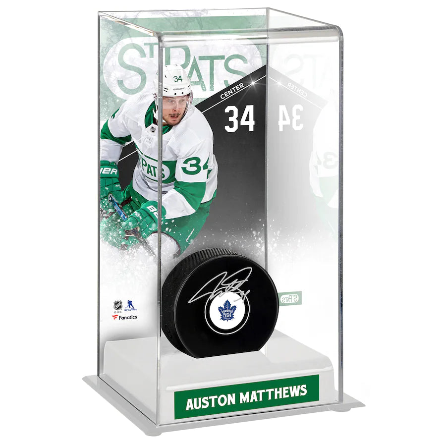 Auston Matthews - Toronto Maple Leafs Autographed Puck with Toronto St. Pats Deluxe Tall Hockey Puck Display Case