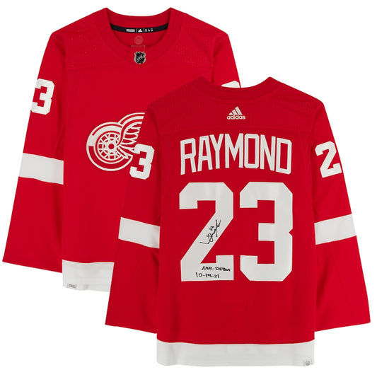 Lucas Raymond - Red Detroit Red Wings Autographed adidas Authentic Jersey with "NHL Debut 10/14/21" Inscription