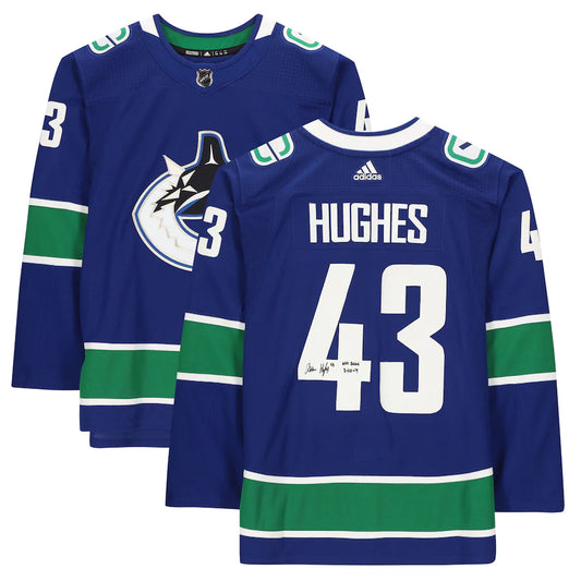 Quinn Hughes - Vancouver Canucks Autographed Blue Adidas Authentic Jersey with "NHL Debut 3-28-19" Inscription